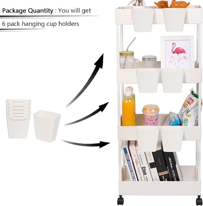 6 Pack Hanging Cup Holder for Rolling cart Accessories Hooks Little Hanging Buckets Hanging Storage Bins Craft Supplies for Rolling Utility Cart Slim Storage Cart (White) - Image 5