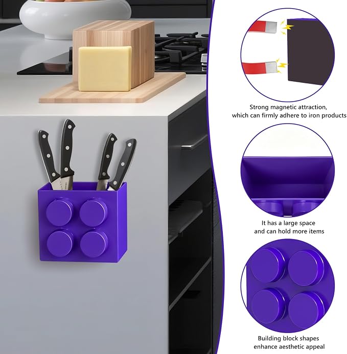Magnetic Basket Organizer for Fridge - Lego-Style ABS Plastic Storage Box,No Drill Design for Kitchen Counter, Microwave & Whiteboard, Holds Up to 3.5 lbs (deep purple) - Image 3