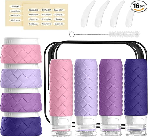 16 Pack Travel Bottles for Toiletries, TSA Approved Travel Size Toiletries Containers Set, BPA-Free Silicone Leak Proof Refillable Bottles Stackable Creams Jars Accessories Kit W/Clear Bag(Purple) by Silevoler