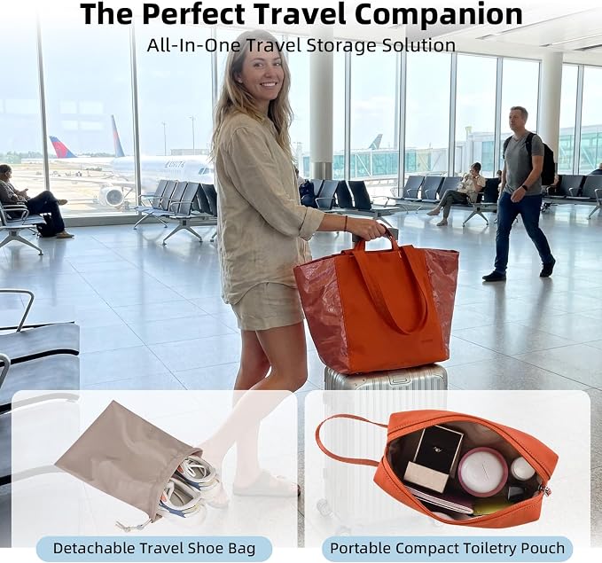 Lightweight Carryall Tote Bag for Women, 25L Expandable Travel Work Bag with Tablet Sleeve, Gym Tote with Yoga Mat Holder & Wet Dry Pocket, 3-Piece Set with Shoe Bag & Cosmetic Pouch (Orange-red) - Image 4