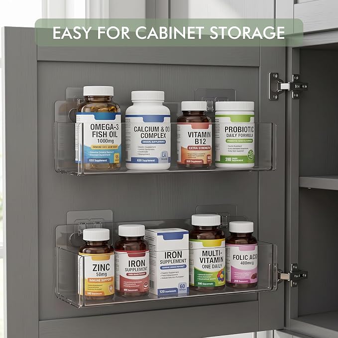 Acrylic Adhesive Cabinet Door Organizers 2Pack 13"x4" Clear Shelf Wall Bins | No-Drill Wall Organizers, Clear Visible Storage, Caddy Bins for Shower Bathroom Kitchen Under Sink RV Camper Organization - Image 6