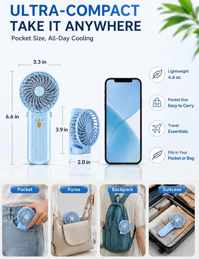 Portable Mini Fan, Quiet Foldable Fan with Lanyard | 4 Speeds, 15H Rechargeable Battery, Portable Pan for Travel, Home, Office, Outdoor, Makeup, Women, Men, Blue - Image 4
