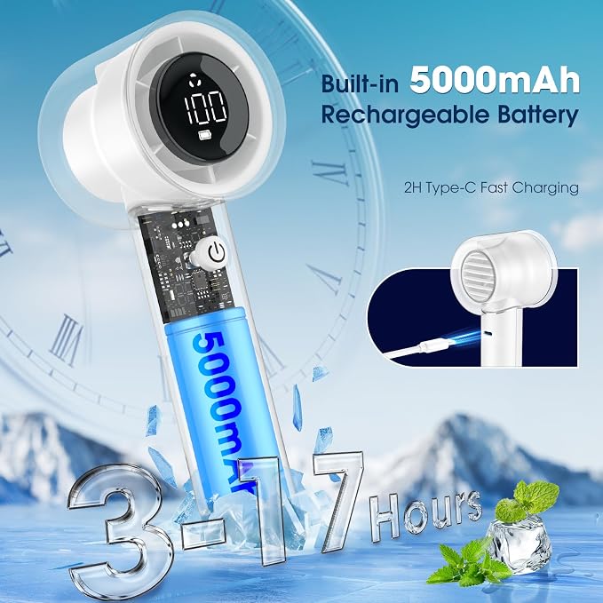 【15000RPM】Portable Handheld Turbo Fan, 1-100 Speed,Ultra High-speed,Personal Hand Held Travel Fans,5000mAh Battery Rechargeable Mini Fans,Digital Display,Small Pocket Fan for Summer Essential Gift - Image 4
