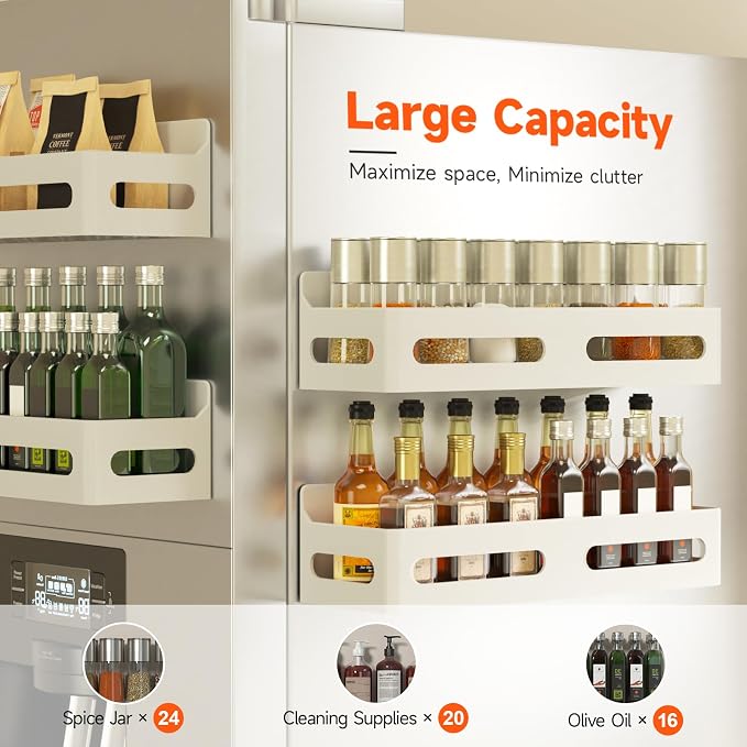 4-Pack Magnetic Spice Rack for Refrigerator with Hooks, White | Strong multipurpose magnetic shelf for kitchen & bathroom organization. Includes 4 removable hooks for hanging items. - Image 4