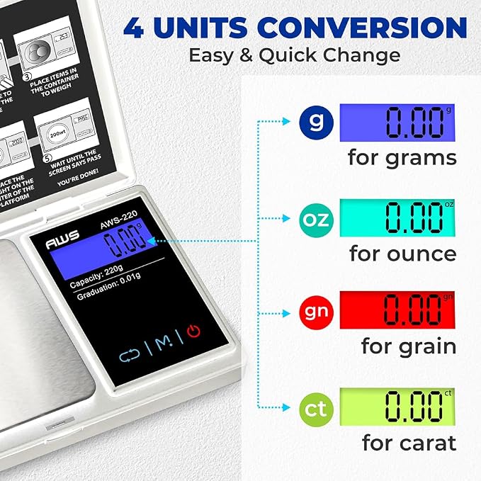 Series Digital Pocket Weight Scale 600g x 0.1g |Digital Gram Scale Small Scale Mini Food Scale Jewelry Scale Ounces/Grains Scale, Easy to Carry - AMERICAN WEIGH SCALES (Silver, 220g x 0.01g) - Image 4