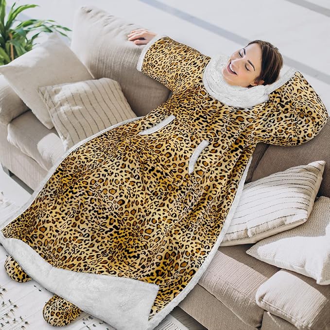 PAVILIA Sherpa Blanket with Sleeves, Foot Pocket for Women Men Adults, Thick Wearable Blanket Throw Wrap, Fleece Warm Snuggle Blanket Robe, Cozy Gift Ideas Wife Mom, Cheetah Print - Image 2