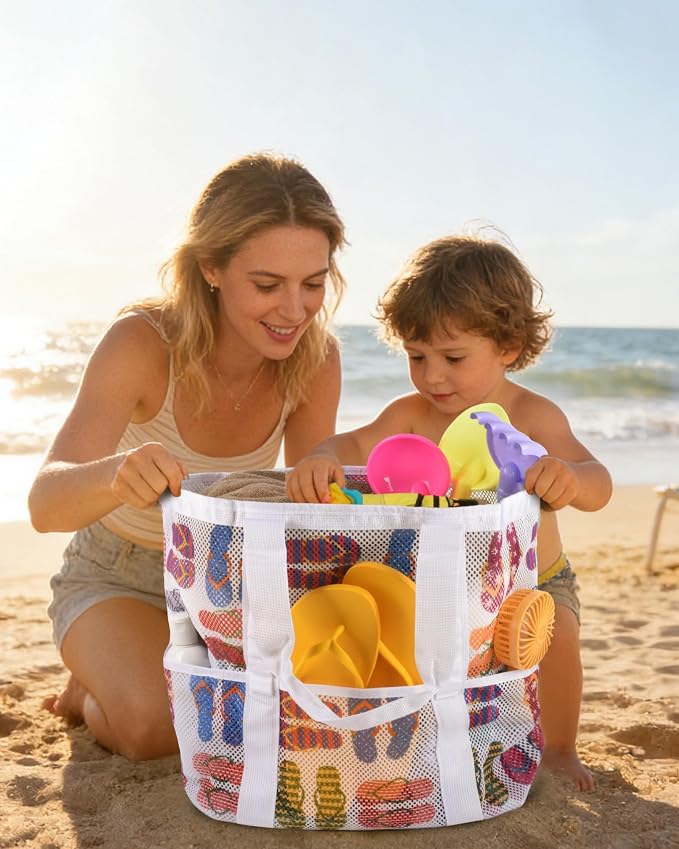 Genteen 40L Mesh Beach Bag, Foldable Sandproof Tote with Waterproof Pocket Quick Dry for Women Family Pool Vacation - Image 3