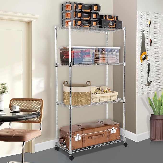 Whitmor 4 Tier Storage Shelves, Heavy Duty with Wheels, 400 lbs Capacity per Shelf, Max 1600 lbs Total, Adjustable Shelving Unit for Garage, Kitchen, Bathroom, 36" L x 18" W x 59" H, Chrome - Image 2