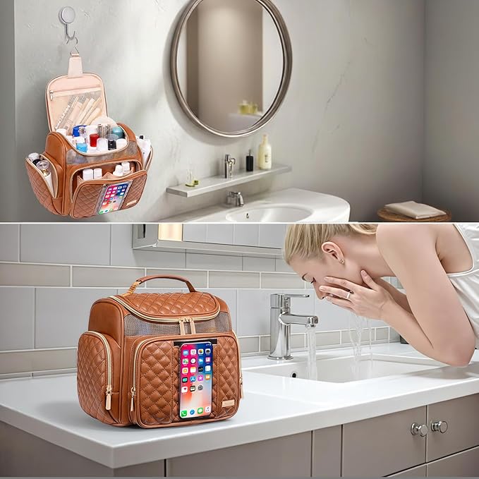 Large Leather Toiletry Bag for Women Men,Bathroom Bag,Water Resistant Shower Bag,Makeup Bag,Portable Shower Caddy for College Dorm,Hanging Travel Toiletry Bag with Transparent Waterproof Phone Pocket - Image 8