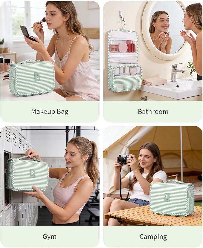 Narwey Small Hanging Toiletry Bag for Travel Women Girl, Striped Toiletries Travel Bag with Hook, Hanging Makeup Bag Organizer Make Up Cosmetic Bags, Gifts for Kids Teen (Mint Green Stripe) - Image 8