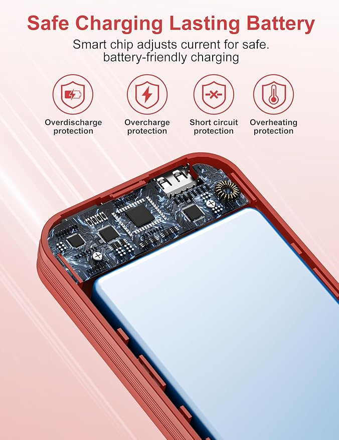 citicr Portable Charger 10000mAh PD20W w/Built-in Cables & Wall Plug Red | Fast charging, Built-in wall plug, LED display, Charge 5 devices at once, Pass through charging, TSA approved, Pocket size - Image 6