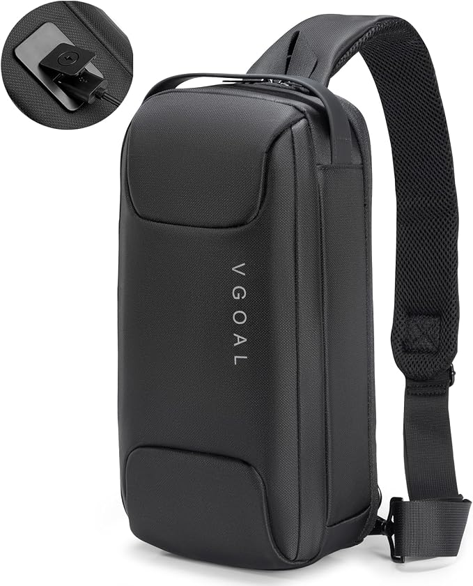 VGOAL Crossbody Sling Bag for Men Sling Backpack Chest Shoulder Bag Black | Waterproof,USB Charge Port,Portable,Minimalist,13*6.7*3.5Inch,Fit 9.7" IPad,Business,Travel,Cycling,Hiking by VGOAL