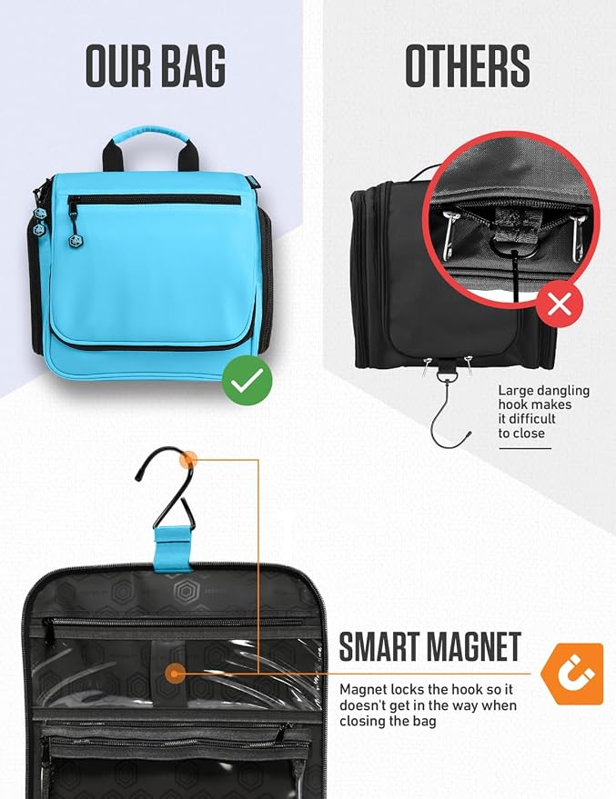 VENTURE 4TH Hanging Travel Toiletry Bag, 18 Compartments - Light Blue | Hangs on rails, hooks or doors; stands upright. Removable TSA pouch. Water-resistant Nylon 290D Twill, reinforced stitching. - Image 6