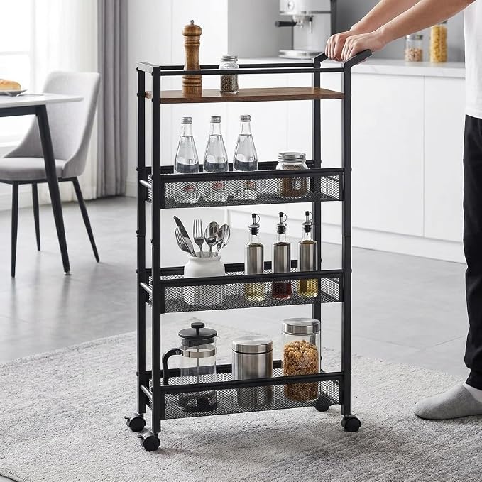 4 Tier Slim Rolling Storage Cart, 5.1 Inch Wide Narrow Storage Cart with Handle, Iron Wood Utility Slide Out Pantry Shelf Organizer for Laundry Room, Bathroom, Kitchen, Small Spaces, Black - Image 5