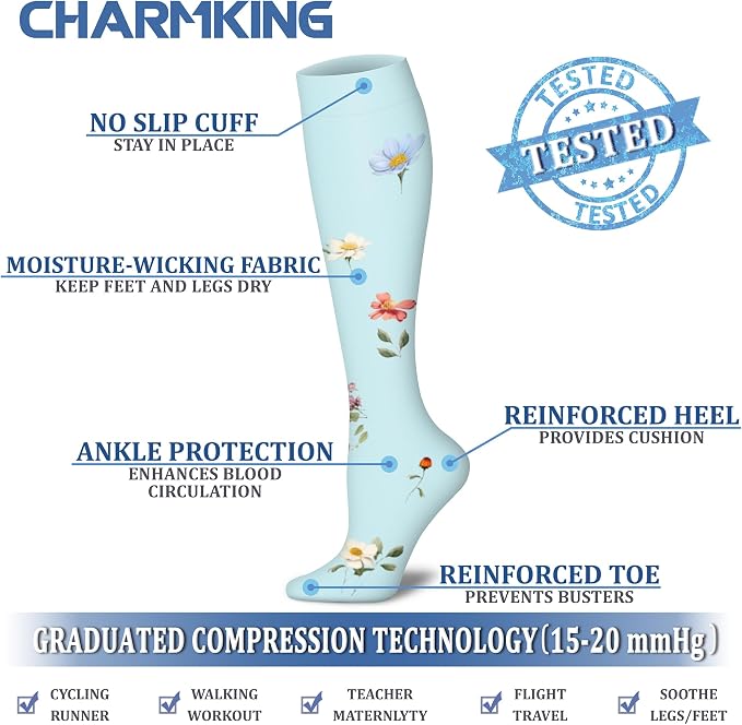 CHARMKING Compression Socks for Women & Men Circulation (8 Pairs) 15-20 mmHg Best Calf Socks Support for Athletic Cycling - Image 4