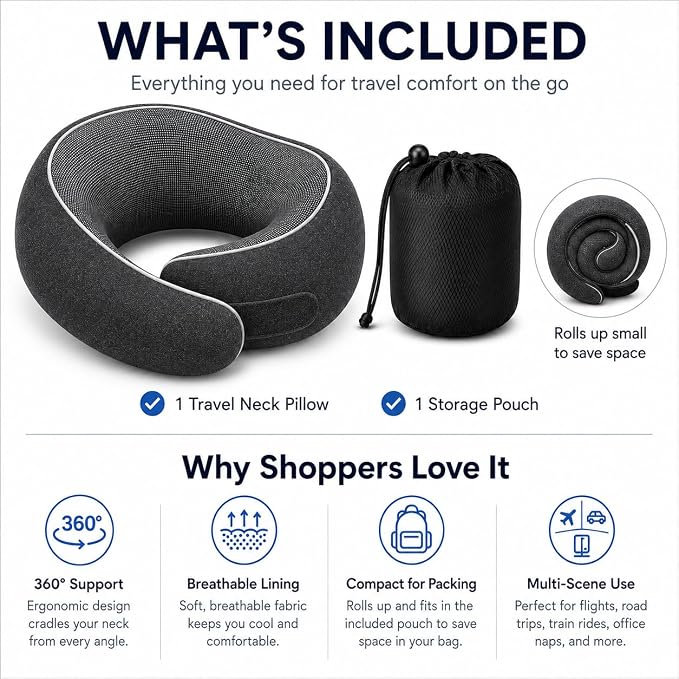 Travel Neck Pillow for Airplanes, Pure Memory Foam Neck Pillow with Washable Cover and Storage Bag, Ergonomic 360° Support for Sleeping, Car, Office, Home, Black - Image 4