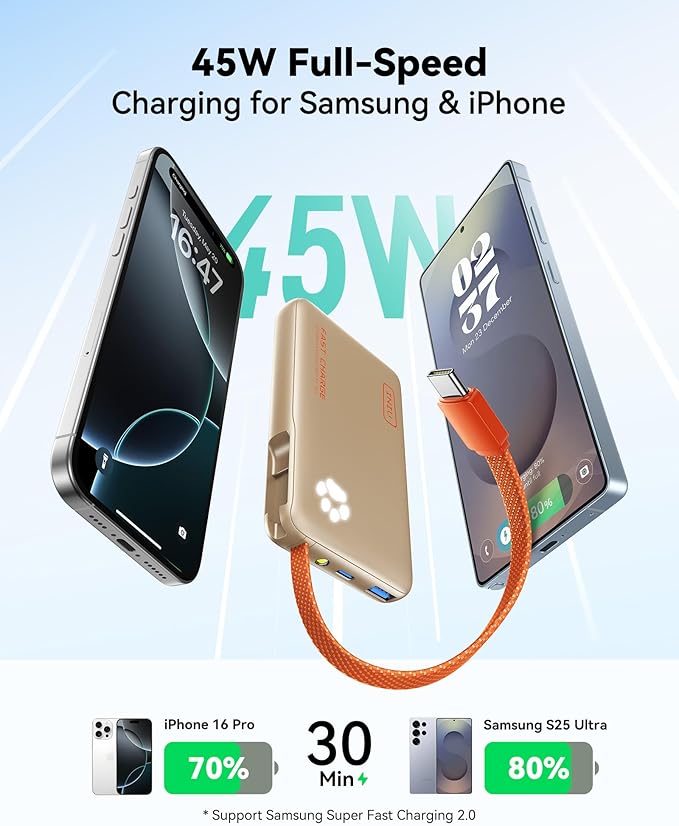 INIU 45W Fast Charging Tablet Portable Charger, Smaller 10000mAh Power Bank | Flight-Safe, Built-in USB C Cable, Flashlight, Battery Phone Pack for Tablet, iPad, iPhone 17 16, Samsung S26 etc, Beige - Image 2