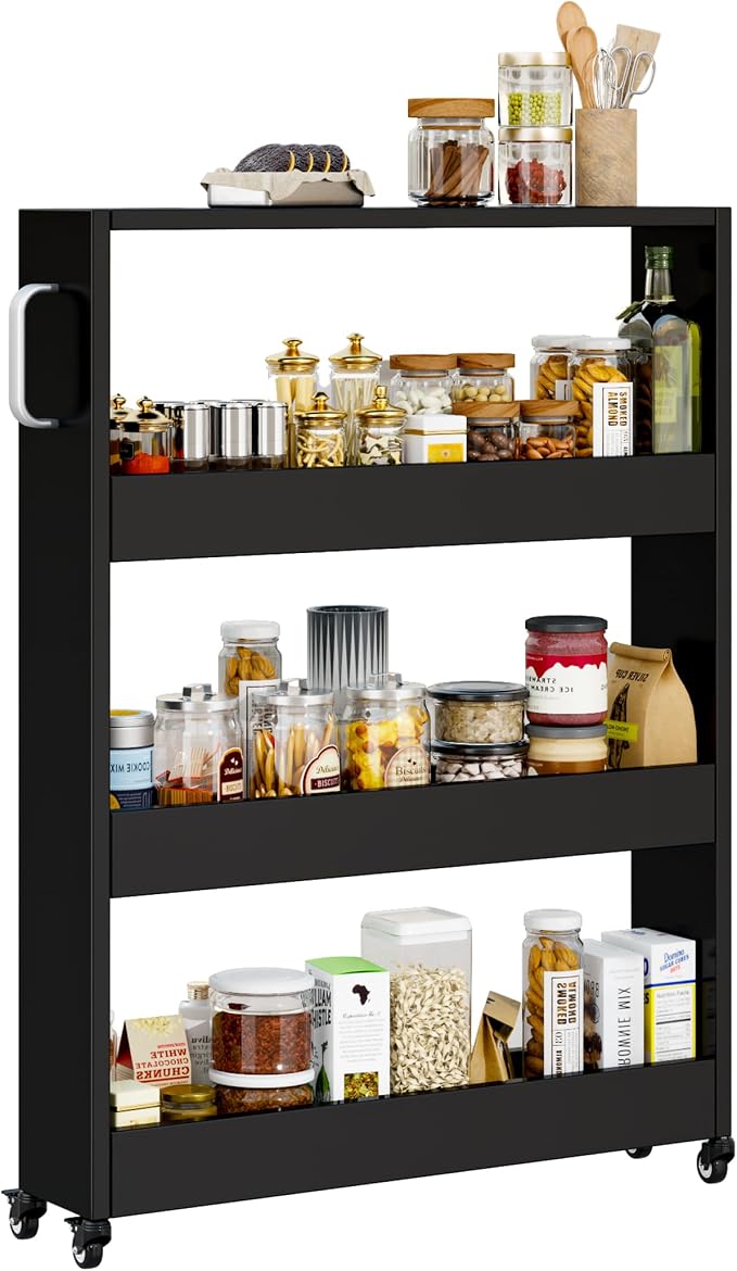 Slim Storage Cart, Lightweight 4 Tier Metal Rolling Utility Kitchen Cart on Wheels, Mobile Storage Shelving Unit Organizer for Bathroom Laundry Office Narrow Places (4 Tier-Black, 6" D) by Qiaoxuan