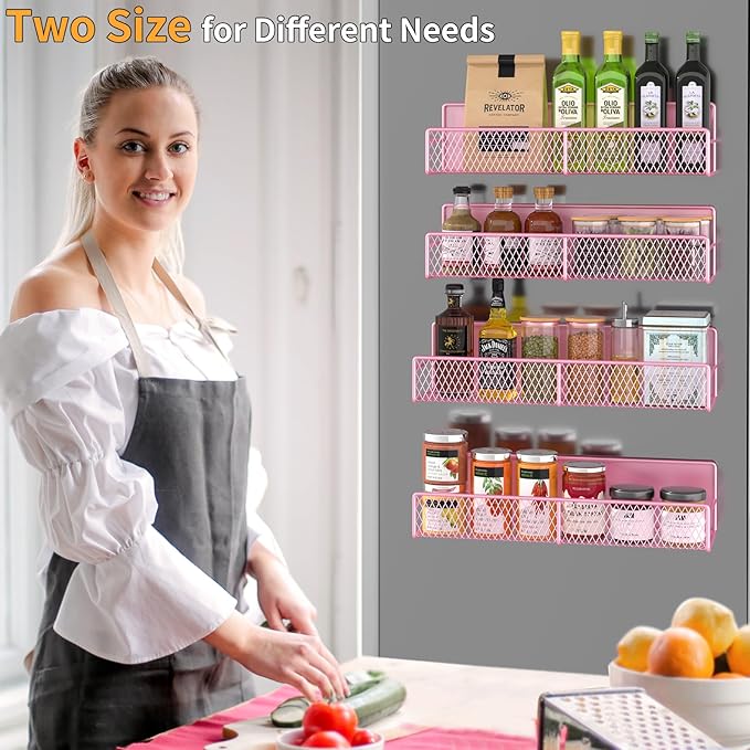 DTUQYX Magnetic Spice Rack for Refrigerator, 4 Pack 100% Metal Strong Magnet Fridge Shelves, Space Saving Spice Organizer, No Drilling Moveable Home Kitchen Laundry Room Storage Organization, Pink - Image 6