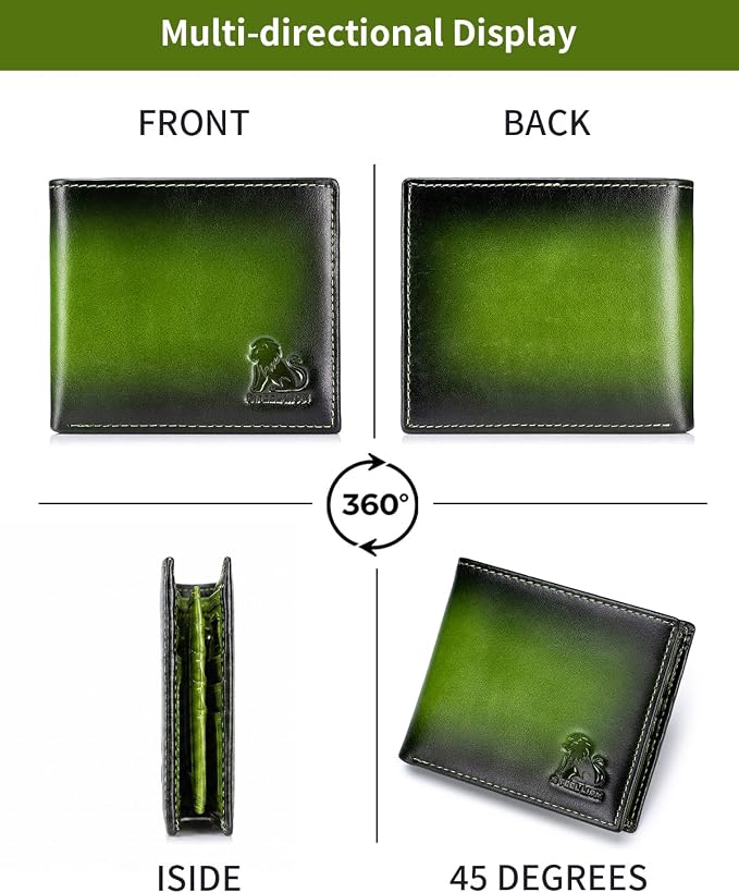 Men's Cowhide Leather RFID Wallet, Slim Bifold (Green) | 2 Clear ID Windows, 10 Card Slots, Zipper Coin Pocket, Gradient Finish for Business, Travel, Daily Carry and Gifts - Image 8