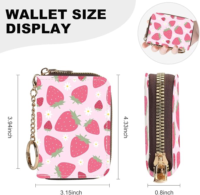 Credit Card Holder for Women,Small Rfid Wallet with Keychain Zipper,Cute PU Leather Card Case Wallet，Accordion Credit Card Wallets Gift,Strawberry - Image 4