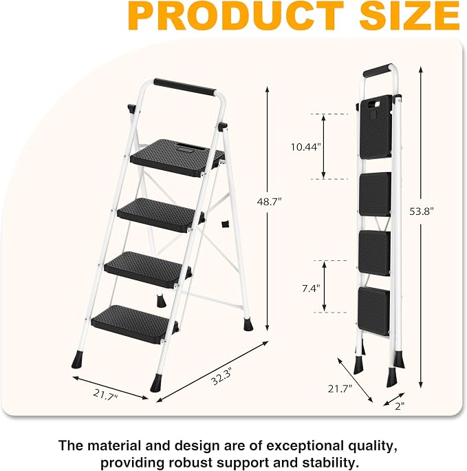 Arbusb Step Ladder, Folding Step Stool with Wide Anti-Slip Pedals, Sturdy Steel Ladder with Handrail, Space-Saving, Portable for Home & Adults, 4 Step White - Image 4