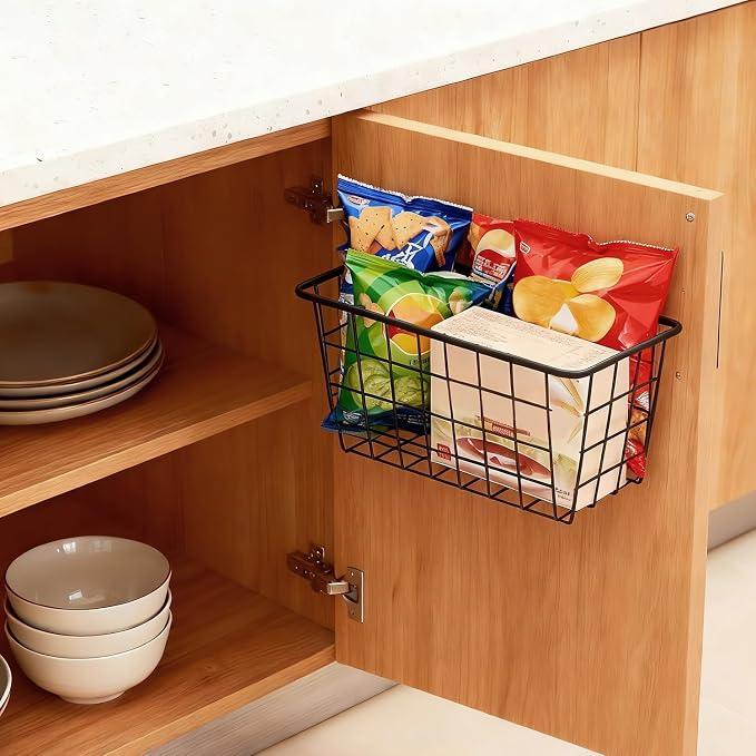 3 Set LeleCAT Adhesive Over the Cabinet Door Wire Baskets for Organizing for Kitchen Food Pantry Bathroom Shelf Storage No Drilling Wall Mounted,Black - Image 4