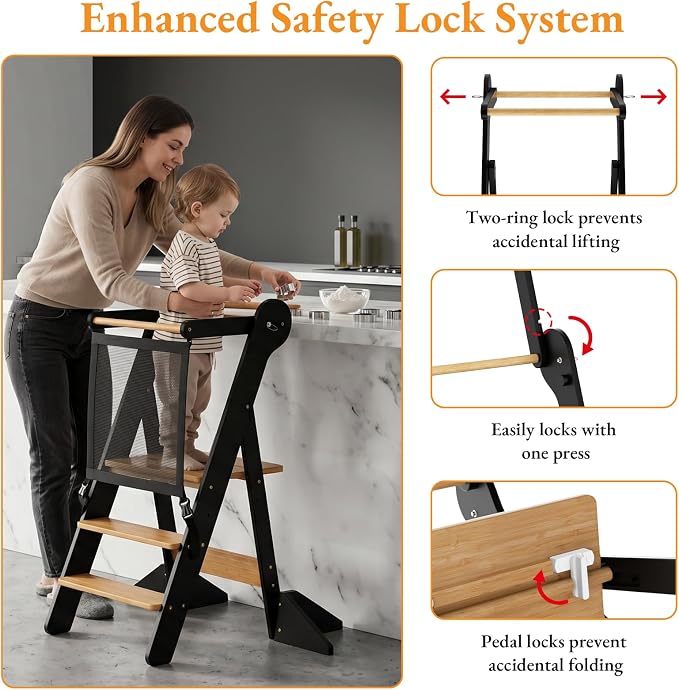 COSYLAND Toddler Standing Tower Foldable Toddler Kitchen Step Stool | Adjustable Height Folding Step Stool for Kids Learning, Cooking - Ages 18 Months-6 Years with Safety Net Natural & Charcoal - Image 4