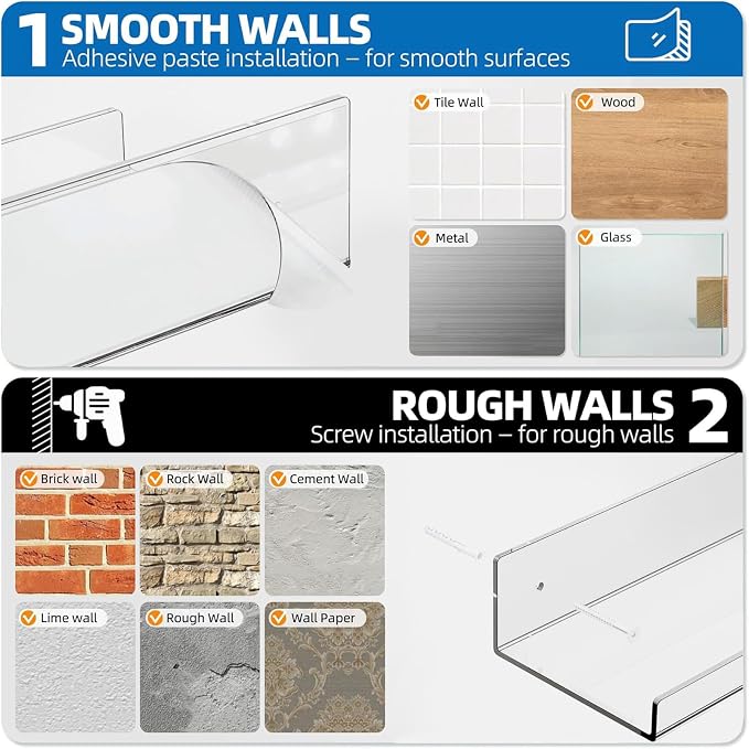 6 Pack Acrylic Shelves for Wall, 15 Inch Clear Adhesive Floating Shelf | Dual-Mount No Drill/Screw Waterproof Wall Shelf, Rustproof Storage Rack for Bathroom, Kitchen, Living Room, Bedroom - Image 3