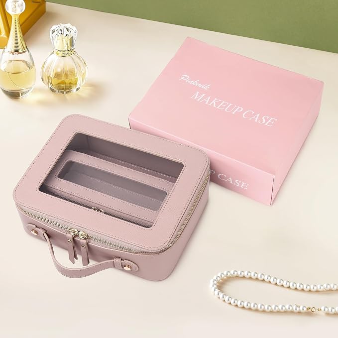 Pinkmik Clear Makeup Bag with Brush Bag, (Pink, L+SLIM) | 2pcs, Waterproof, Travel Case for Cosmetics and Toiletries, Women's Cosmetic Organizer, with Zipper - Image 7