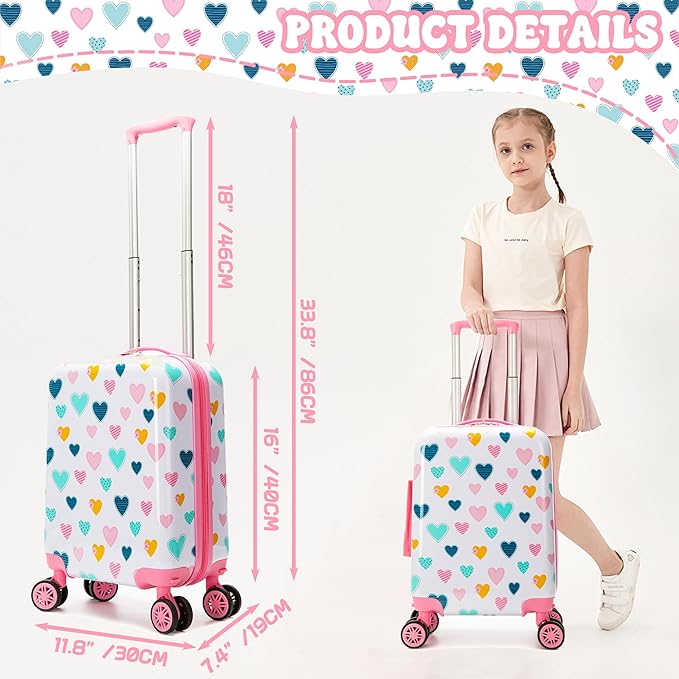 Kid's Luggage Set 5 Piece Suitcase Set 16" Hardside Luggage with Spinner Wheels Girls Carry on Toddler Travel Rolling Suitcase with Neck Pillow Airline Approved - Image 2