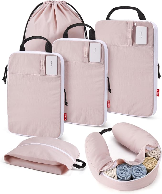BAGSMART Compression Packing Cubes with Fillable Neck Pillow for Clothes | 1 Wearable Neck Pillow & 5 Travel Bags to Avoid Baggage Fees, Durable, Tear Resistant Washable Taslan Fabric with Card Slots by BAGSMART