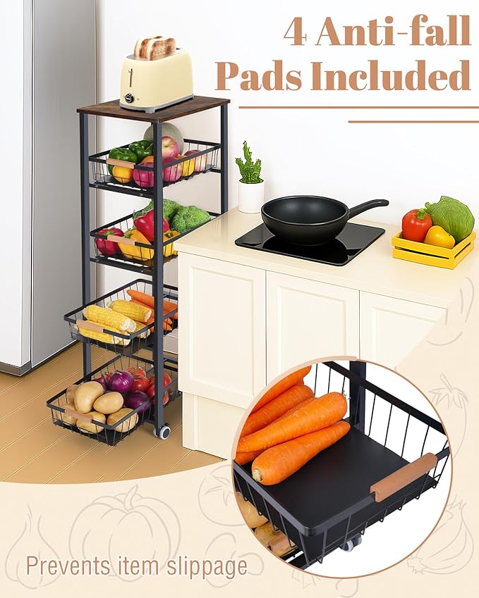 Mythinglogic 5-Tier Rolling Fruit Vegetable Storage Cart with Pull-Out Baskets, Metal Kitchen Organizer, Heavy Duty Utility Rack with Wheels for Pantry, Living Room, Kitchen - Image 3