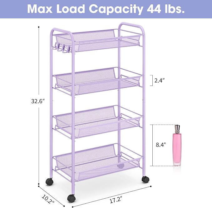 TOOLF 4 Tier Rolling Cart, Metal Utility Storage Cart with Wheels, Purple | 3 Hooks, Screwless Assembly, Trolley Organizer for Bathroom, Kitchen, Office, Nursery, Dorm, Laundry Room - Image 6
