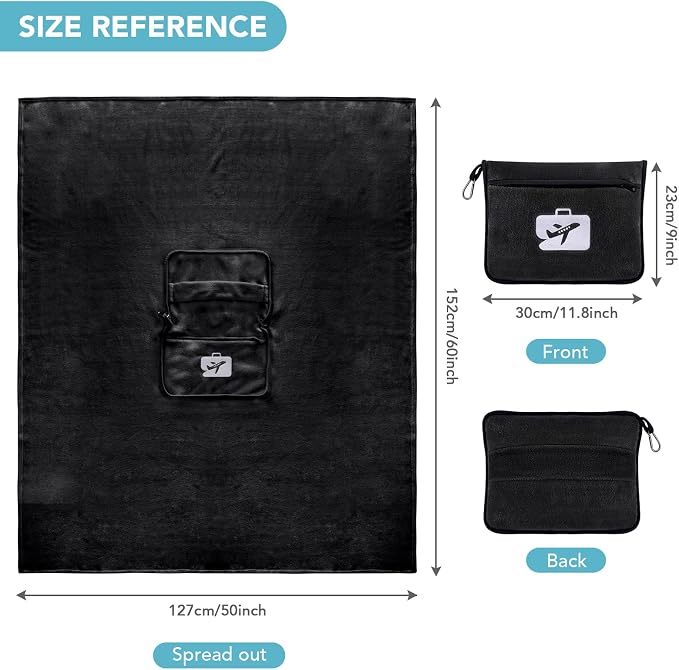 Travel Pillow and Blanket 2-in-1 Set Airplane Black 60x50 Inch | Plane Packable , Soft Warm and Lightweight Flannel, Hand Luggage Sleeve and Backpack Clip, Plane Flight Car Trips - Image 2