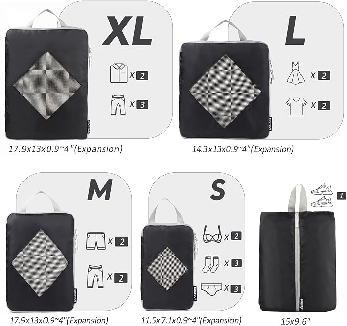 CaCTOUR Compression Packing Cubes for Travel,Expandable Packing Cubes for Suitcases, 5 Set Lightweight Compression Travel Cubes, Luggage Packing Organizers Bags Set, Travel Accessories (Black) - Image 2
