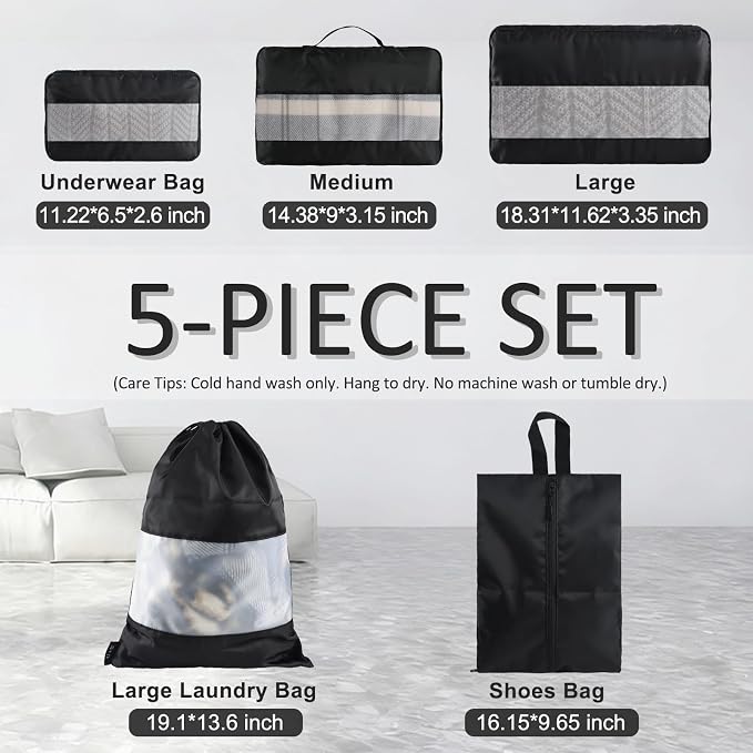 U+U 5 Set Packing Cubes, Travel Organizers with Shoe Bag (Black) | Ultralight Design & Easy Travel Organization - Image 3