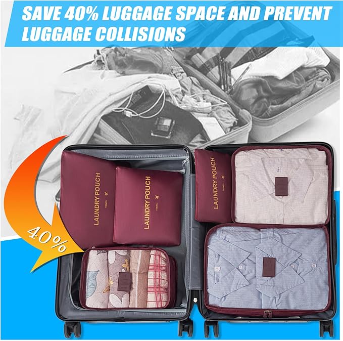 6 Set Packing Cubes for Travel Luggage Packing Bags Reusable Lightweight Suitcase Organizer Cubes Set for Travel Accessories (Wine Red) - Image 6