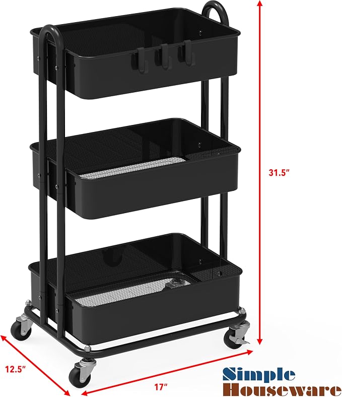 Simple Houseware 3-Tier Heavy Duty Metal Utility Rolling Cart, Black - Image 6