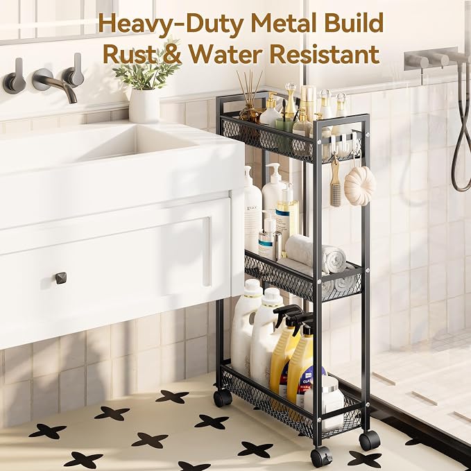 Slim Rolling Storage Cart, Metal 3 Tier Bathroom Storage Organizer Laundry Room Utility Cart for Kitchen, Bthroom, Makeup, Craft, Laundry Narrow Places, Black - Image 4