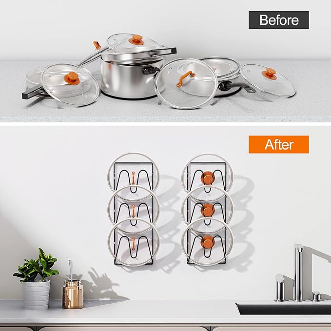 Durmmur 2 Pack Pot Lid Organizer, 6-Tier Lid Holder for Cabinet Door & Wall | Rustproof Metal Lid Organizer with No-Drill Adhesive Mounting for Pot and Pan Lids, Space-Saving Kitchen Storage, Black - Image 8