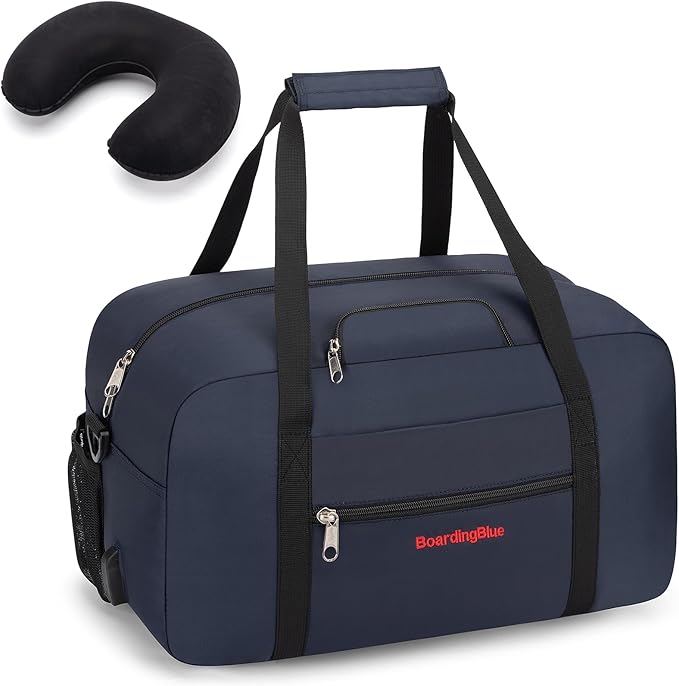 17x10x9 United Airline Personal Item Under Seat Duffel Bag With Free Pillow And USB Port (Navy) by Boardingblue