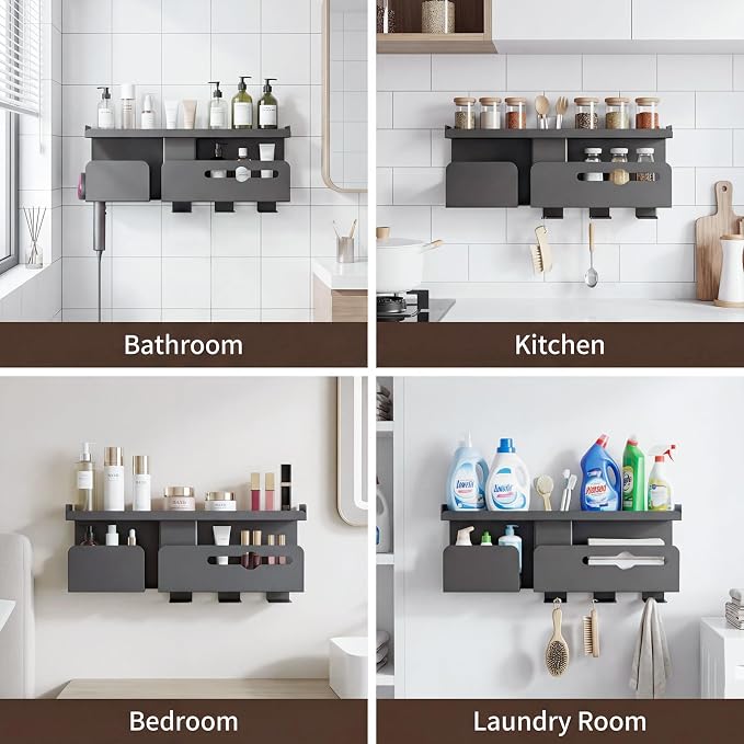 Hair Dryer Holder Wall Mount Metal,Adhesive/Drilling Bathroom Organizer with Shelf,Tissue Box&3 Free Cups,Rustproof Rack for Hair Styling Tools&Toothbrush,Grey - Image 5