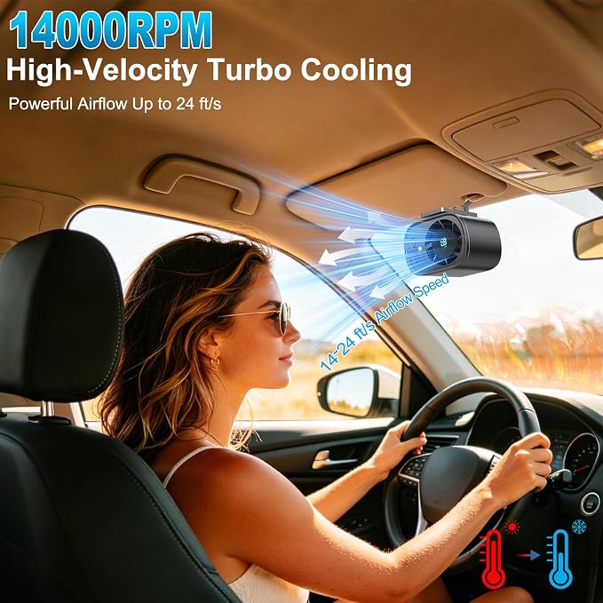 Portable Clip on Air Conditioner Fan for Car with LED Display, 360° Rotation 199 Speeds Mini Cooling Fans, USB Rechargeable 1500mAh Battery Powered Personal Fan for Car Vehicle Stroller Office Camping - Image 2