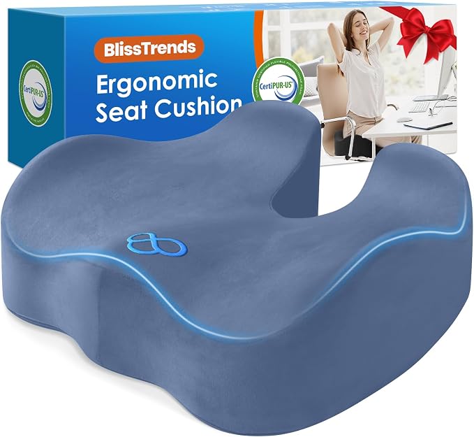 BlissTrends Memory Foam Seat Cushion for Office Chair & Car Seat, LightBlue | 4.7in Ergonomic Tailbone & Sciatica Support with Removable Velvet Cover for Pressure Relief and Long Sitting Comfort by BlissTrends