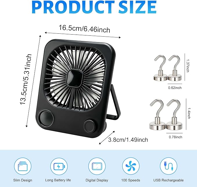 5000mAh Magnetic Cruise Ship Approved Fan,Up to 18H Adjustable Travel Fans with 100-Speed,LED Display 4 Magnetic Hooks,Ultra-Slim USB Rechargeable Portable Fan,Cruise Essentials 2026 for Travel - Image 2