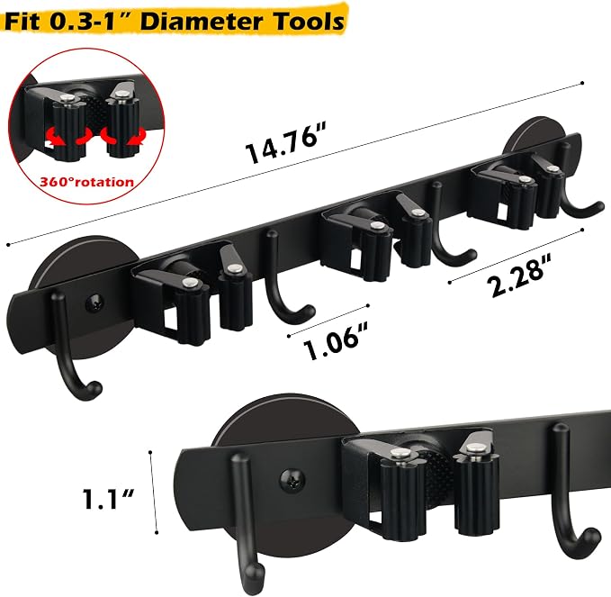 MUTUACTOR Heavy Duty Magnetic Broom Holder, 1PCS Mounting Broom and Mop Hanger, Anti-slip Black Magnetic Tool Holder 3 Slots and 4 Hooks for Fridge, Metal Door, Garage, Work Station - Image 5