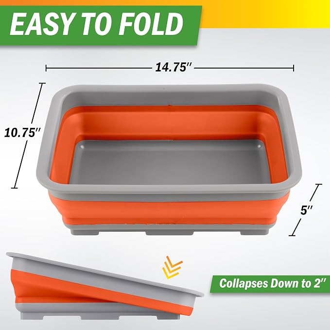Set of 2 Multipurpose Wash Bins – 7.27-Liter Basins for Travel or Cleaning – Collapsible Bucket Camping Accessories by Wakeman (Orange) - Image 2