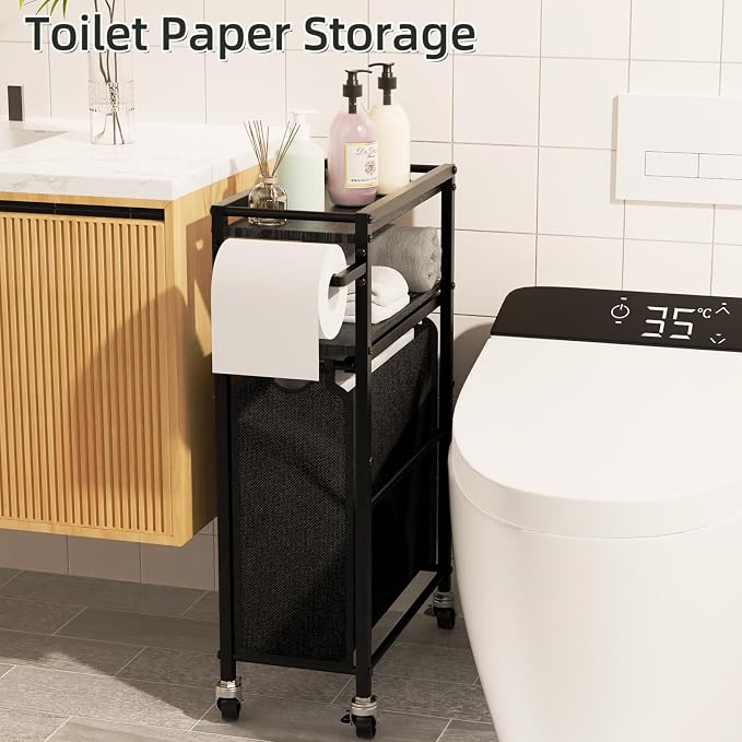 Toilet Paper Holder with Storage Bag & Wheels - Freestanding Bathroom Organizer Holds 9 Rolls for Small Spaces, Essentials Storage Beside Toilet-Black - Image 6