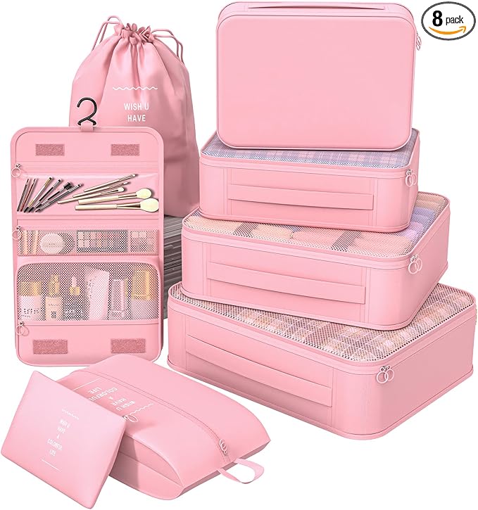 8 Set Packing Cubes for Travel,Suitcase Organizer Bags for Luggage with Shoe & Hanging Toiletry Bag, Vacation Essentials & Accessories for Cruise Ship, Airplane Must-Have,Road Trip & Camp Gifts(Pink) by Unknown